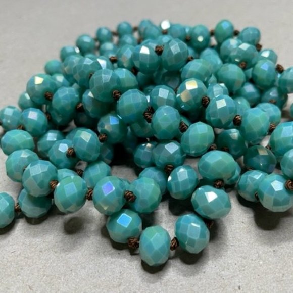 60" Gorgeous Teal Turquoise Blue Hand Knotted Glass Faceted Flapper Beads Vntg - Picture 7 of 10